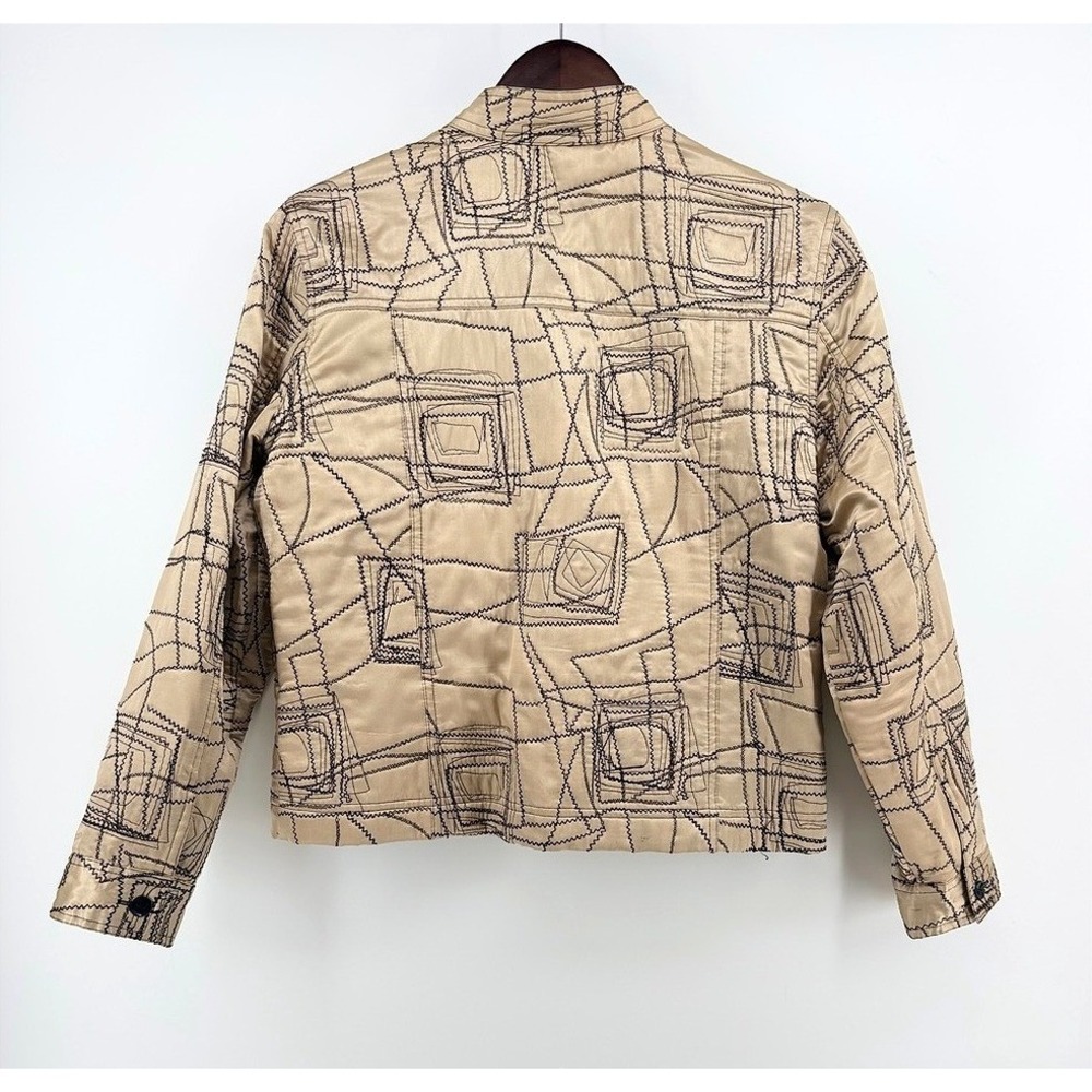 Chicos Silk Geometric Embroidered Zip Jacket Champagne Gold Black Size 1 Medium - Picture 9 of 9